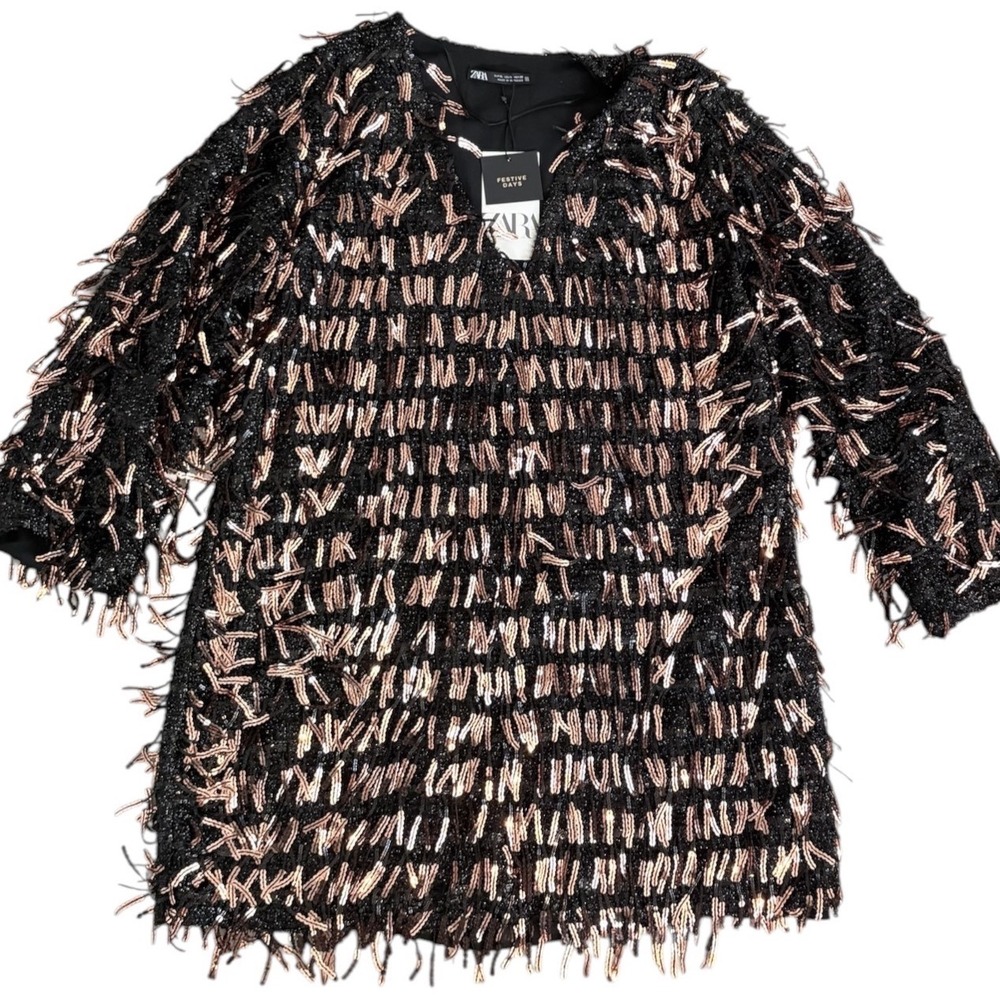 Zara NWT Festive Days Black Rose Gold Sequin Fringe V-Neck Mini Dress XL